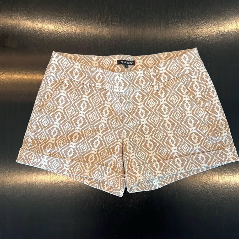 Dear John Tan and White Geometric High Waist Shorts.